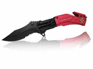 3.5" FIRE FIGHTER Folding pocket Knife w/ LED Light Features seatbelt cutter, glass breaker, and belt clip on back of knife, as well as a fold out LED flashlight SIZE 8" : Hunting Knives : Sports & Outdoors