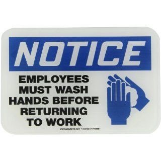 Accuform Signs PAR587 Deco Shield Acrylic Plastic Architectural Style Sign, Legend "NOTICE EMPLOYEES MUST WASH HANDS BEFORE RETURNING TO WORK" with Graphic, 9" Width x 6" Length x 0.135" Thickness, Black/Blue on White Industrial W