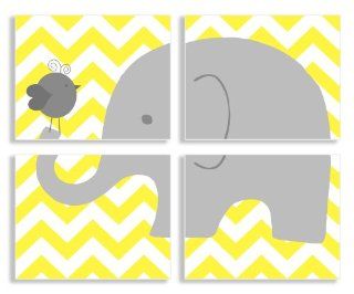 The Kids Room By Stupell Wall Decor, Gray Elephant and Birdie On Yellow Chevron Quadtrich : Nursery Wall Decor : Baby