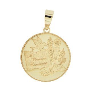 14k Yellow Gold, Laser Engraved First Communion Pendant Charm Round in Spanish: Jewelry