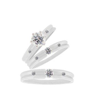 14k White Gold, Trio Three Piece Wedding Ring Set with Lab Created Gems: Jewelry