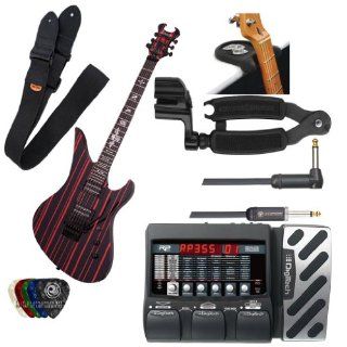 Schecter Synyster Gates Custom Electric Guitar   Black/Red Stripes with Digitech RP355, Protec Guitar Strap, D'Addario 20ft Instrumental Cable Right Angel, Guitar Rest, Guitar Pro Winder and 5 Guitar Picks: Musical Instruments