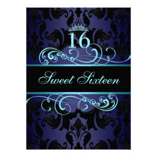 Blue Damask & Swirl Sweet16 Birthday Invite