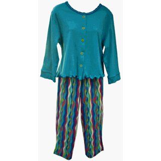 RocketWear Women's Cool Stripes Cotton Knit Button Front Capri Pajamas/Lounge Set with Teal Top at  Womens Clothing store