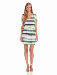 LAmade Women's Gauze Stripe Jersey Belted V Neck Tunic Dress, Mint Leaf Multi, X Small at  Womens Clothing store