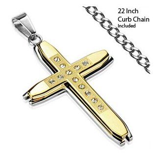 Gold Tone Cross on Polished Large Cross Pendant with Simulated Diamonds and 22 inch Chain Necklace Jewelry