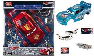 RideMakerz Talking Lightning McQueen with Flashing Lights Build N Go Kit Plus BONUS Dinoco Accessory Shell, Flamin Side Pipes, and Flashing Light Bar  Other Products  
