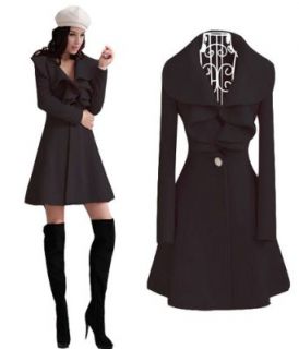 Izaac Womens Slim Fit Ruffle Winter Woolen Jacket Coat Long Overcoat (US 2=Asia M, Black) at  Womens Clothing store