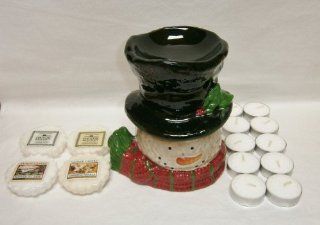 Gift Set: Snowman Head Fragrance Wax Melts Ceramic Burner/Warmer Plus 4 Yankee Candle Tarts Christmas Snowflake, Holiday Snow, Peppermint Bark, Sparkling Vanilla Plus 10 White Tea Lights   Candle Accessories