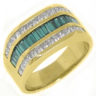 14k Yellow Gold Mens Princess & Baguette Cut Blue Diamond Ring 2.15 Carats TheJewelryMaster Jewelry