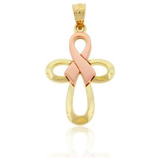 Gold Pink Ribbon Cross Charm, 10k: Pendants: Jewelry