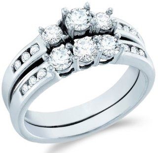 14k White Gold Diamond Ladies Womens Bridal Engagement Ring with Matching Wedding Band Two 2 Ring Set Three 3 Stone Style Center Setting with Side Stones Channel Set Round Brilliant Cut Diamond Ring (1.0 cttw): Jewelry