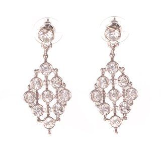 1 3/4" Silver Tone Diamond Shape Earrings with Crystal Clear Rhinestones.: Jewelry
