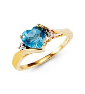 10k Yellow Gold Heart Blue Topaz Round Diamond Ring: Jewelry