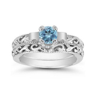 1 Carat Art Deco Blue Topaz Bridal Ring Set, 14K White Gold: Jewelry