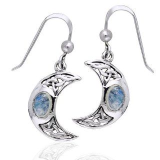 Celtic Knot and Crescent Moon Spirit with Genuine Rainbow Moonstone Sterling Silver Hook Earrings Dangle Earrings Jewelry