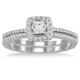 3/5 Carat Halo Princess Cut Diamond Bridal Set in 10K White Gold SZUL Jewelry