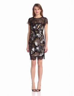Nicole Miller Women's Metalic Floral Sequin and Lace Dress, Black Multi, 6