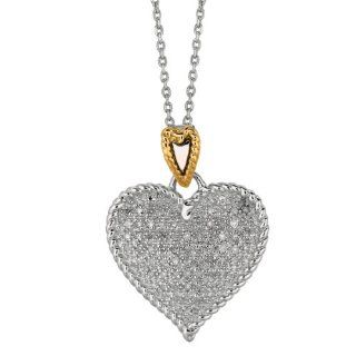 14 Karat Yellow Gold and Silver With Rhodium Finish 18" Shiny Oval Link Chain Necklace With Heart Pendant 0.32Ct White Diamond Jewelry