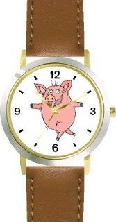 Happy Dancing Pig Cartoon Animal   WATCHBUDDY DELUXE TWO TONE THEME WATCH   Arabic Numbers   Brown Leather Strap Size Large ( Men's Size or Jumbo Women's Size ): WatchBuddy: Watches