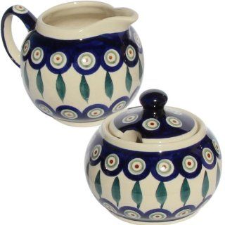 Polish Pottery Sugar Bowl and Creamer From Zaklady Ceramiczne Boleslawiec #694/711 56 Peacock Pattern, Sugar Bowl: Height: 3.7" Creamer: Height: 3.4": Kitchen & Dining