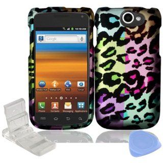 Purple Green Gold Blue Pink Mix Color Leopard Design Rubberized Snap on Hard Plastic Cover Faceplate Case for Samsung Exhibit 2 II 4G T679 + Screen Protector Film + Mini Adjustable Phone Stand: Cell Phones & Accessories