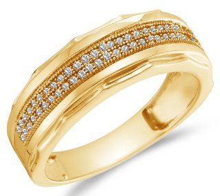 Yellow Gold Plated 925 Sterling Silver Micro Pave Set Two Rows Round Brilliant Cut Diamond Mens Wedding Band OR Fashion Ring (1/5 cttw.): Jewelry