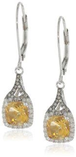 Badgley Mischka Fine Jewelry Sterling Silver White and Champagne Diamonds Cushion Cut Citrine Earrings Jewelry