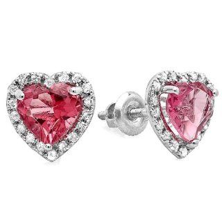 1.65 Carat (ctw) 10k White Gold Heart Pink Tourmaline Diamond Halo Stud Earrings: Jewelry