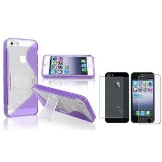 eForCity Purple S Shape TPU Rubber Skin w/Stand Case + Anti glare Front & Back screen Protector Compatible with Apple iPhone 5 Cell Phones & Accessories