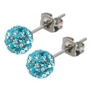 Inox Womens Stainless Steel Aqua Blue 6mm Crystal Ball Stud Earrings SSE736Q: Jewelry
