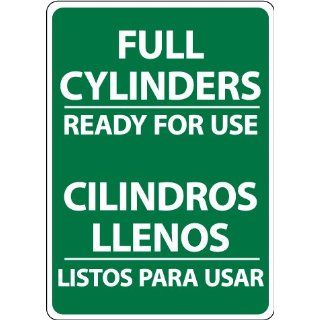 NMC M743RB Bilingual Cylinder Sign, Legend "FULL CYLINDERS READY FOR USE", 10" Length x 14" Height, Rigid Polystyrene Plastic, White on Green Industrial Warning Signs