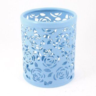 Light Blue Hollow Rose Flower Pattern Metal Pen Pencil Pot Holder Organizer : Office Products