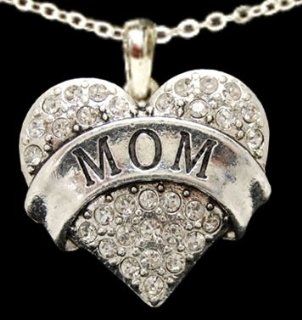 From the Heart Valentine's Day, Mother's Day, or any Day Clear Crystal Rhinestone Heart Necklace with MOM engraved in the center Pendant is approximately 1 1/2 inch long with Crystal Rhinestones Sparkling on an 18 inch Chain!!!  Perfect Gift for th