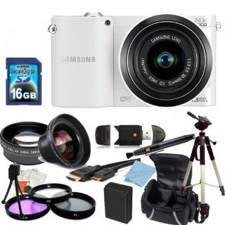 Samsung NX1000 Mirrorless Wi Fi Digital Camera with 20 50mm Lens (White) Kit. Includes 0.45X Wide Angle Lens, 2X Telephoto Lens, 3 Piece Filter Kit (UV CPL FLD), 16GB Memory Card, Card Reader, Extedned Life Replacement Battery, Tripod, Case & More : Po
