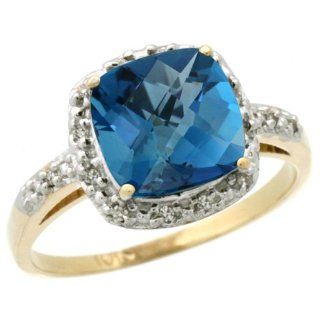 10k Yellow Gold Diamond London Blue Topaz Ring 2.08 ct Cushion cut 8 mm Stone 1/2 inch wide, sizes 5 10: Jewelry