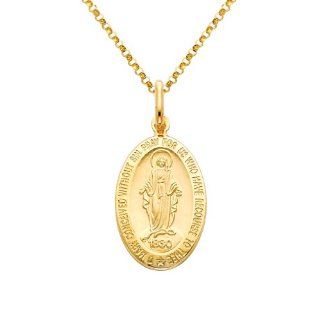 14K Yellow Gold Large Religious Miraculous Mary Medal Charm Pendant with Yellow Gold 1.2mm Classic Rolo Cable Chain Necklace with Lobster Claw Clasp   Pendant Necklace Combination (Different Chain Lengths Available): Jewelry