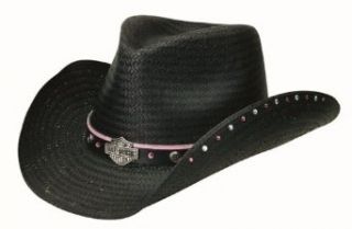 Harley Davidson Women's Cowboy Western Straw Black Hat. Fancy Band. Rhinestones. H D Part# HD 731: Clothing