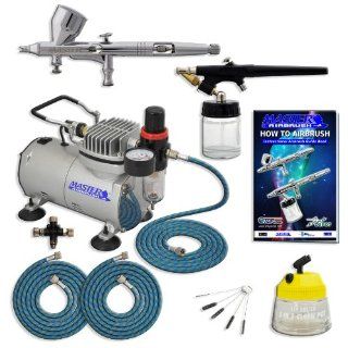 Master Pro Multi Purpose Two Airbrush Set with Compressor   Includes Air Filter/Regulator  3  6' Air Hoses   Multi Airbrush Holder  Model G44 Gravity Feed Dual Action Master Airbrushes and Master Airbrush E91 suction Feed Airbrush  Airbrush Cleaning Po