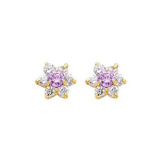 14K Yellow Gold June CZ Birthstone Flower Stud Earrings for Baby and Children (Alexandrite, Light Purple): The World Jewelry Center: Jewelry