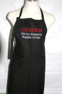Black Embroidered Apron "Caution Senior Moments Happen Often" Clothing