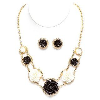 Chelsea Hill 18" Gold Tone Black and White Roses with Rhinestones Necklace and Earring Set Jewelry Sets Jewelry