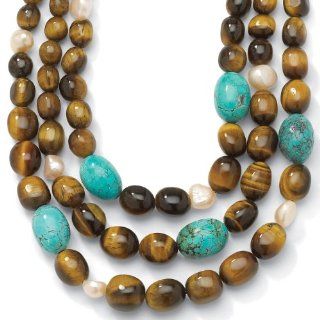 Oval Shaped Genuine Turquoise and Tiger's Eye Sterling Silver Bib Necklace Adjustable 17" to 20": Jewelry