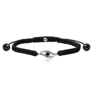 925 STERLING SILVER WHITE CUBIC ZIRCONIA WITH BLACK SILK EVIL EYE BRACELET JEWEL: Wrap Bracelets: Jewelry