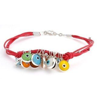 Bling Jewelry .925 Silver Red Leather Multi Color Evil Eye Charm Bracelet 7.5 inches Jewelry