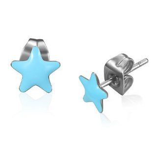 E774 Stainless Steel Blue Shining Star Stud Earrings Mission Jewelry