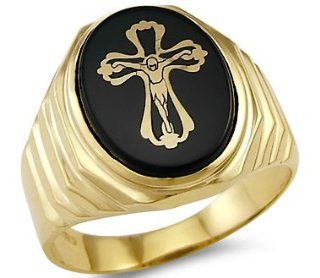 Solid 14k Yellow Gold Mens Onyx Cross Crucifix Ring: Jewelry