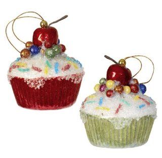 Christmas Tree Cupcake Ornament, with Cherry & Sparkles, Set of 2 Colors Red & Green   Styrofoam Candy Ornaments