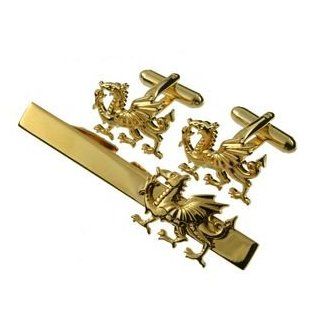 APS799  Welsh Dragon Cufflinks and Tie Bar Gift Set   nickel free: Cuff Links: Jewelry