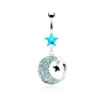 Blue Moon Navel Ring Moon and Star Round Dangle Belly Ring (14GA): Body Piercing Rings: Jewelry